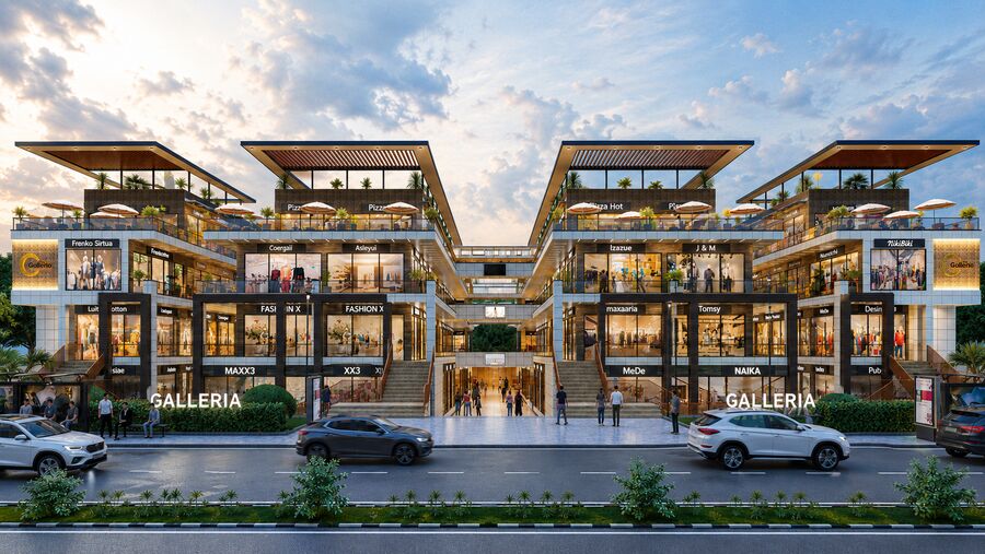 The Galleria — front elevation, twin retail wings